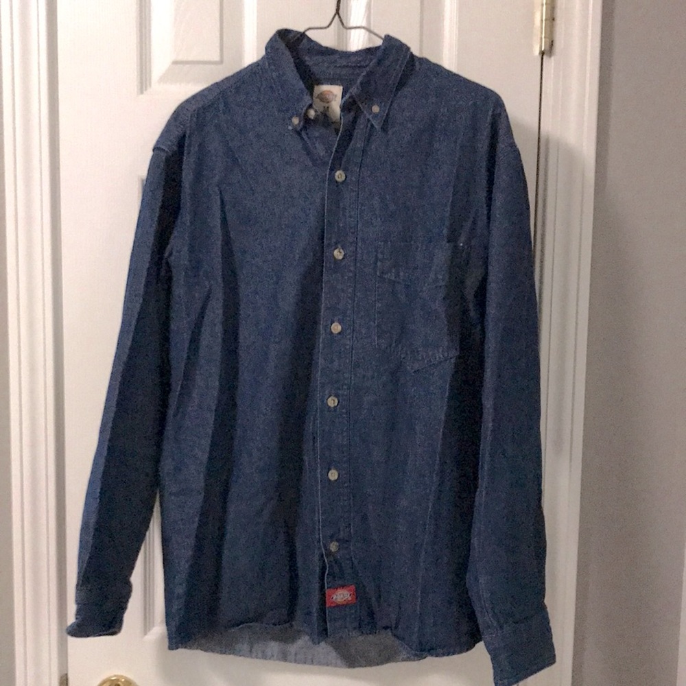 Dickies Men's Long Sleeve Button-Down Denim Shirt - Indigo Blue Washed, size Med